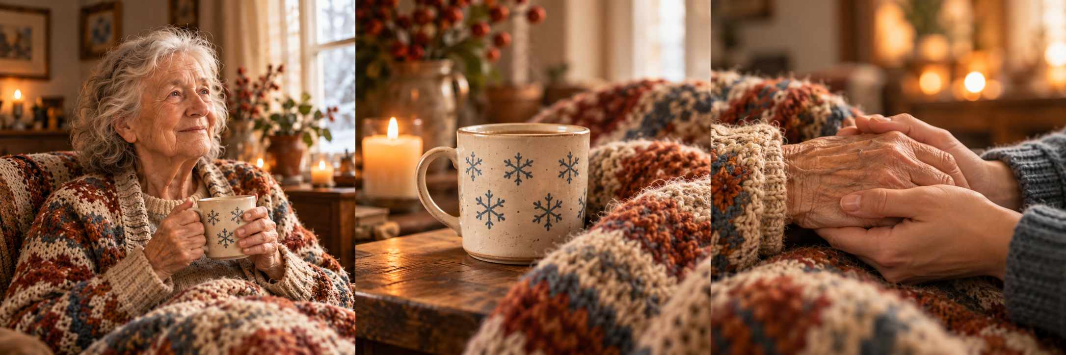 KI-generiertes Symbolbild: ältere Frau mit warmer Tasse und Strickdecke