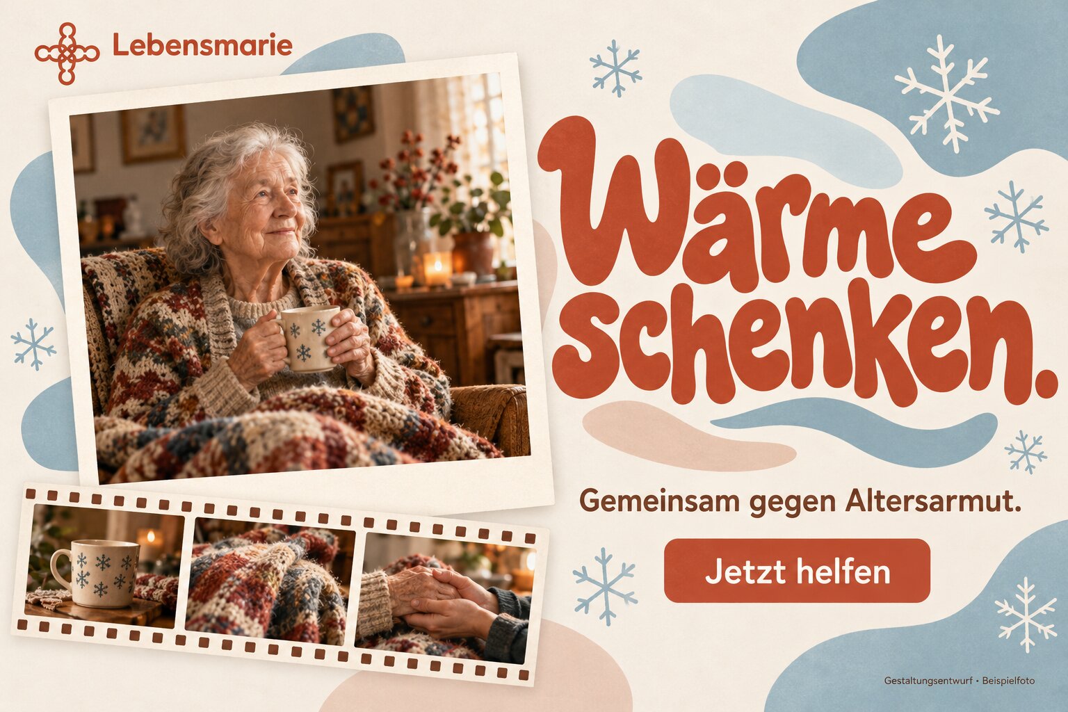 Illustratives Winterkampagnenmotiv: ältere Frau mit einer Tasse, cremefarbene Polaroidrahmen und blaue Schneeflocken.